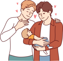 Gay couple of two men holds child in hands and smiles, rejoicing at presence of law giving right to adopt children. Gay family admires sleeping baby, for concept of parenthood for LGBT people png