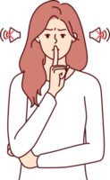 Frowning woman makes tss gesture calling for phones to be turned off or to speak more quietly. Girl orders silence, showing tss sign with hand, to calm down hyperactive children making lot of noise. png