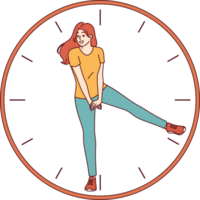 l'horloge avec content femme avec main ensemble communicant importance de temps la gestion et contrôle plus de un posséder calendrier. fille spectacles temps, appel à enregistrer chaque seconde et augmenter travail productivité png