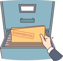 mapp med konfidentiell dokument inuti säker och hand av person tar ut arkiv papper. person stjäl konfidentiell data och begår företags- spionage till erhålla insider information. png