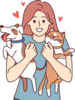 Two pets in hands of teenage girl hugging cat and dog, and feeling love for domesticated animals png