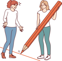 Woman draws boundary and prohibits crossing it, using large pencil to draw red line. Concept of setting boundary for psychological comfort and avoiding interference in personal life png