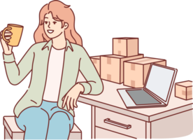 Woman small business owner drinks coffee sitting at table with boxes, takes short break. Girl is engaged in fulfillment business and prepares goods ordered in online store for shipment. png