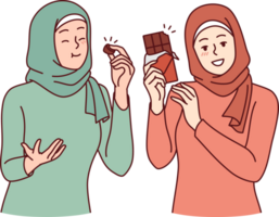 twee Arabisch Dames eten chocola en verheugen in stormloop van hormoon van geluk, gekleed in Islamitisch kleren png