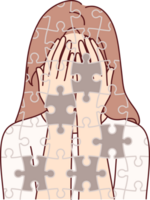 Depressed girl suffers from self-destruction and personality destruction, consists of mosaic with void. Depressed woman with mental disorder and psychological problems needs help of psychologist png