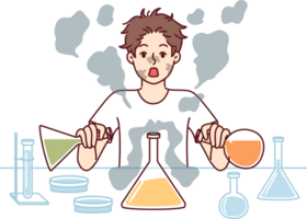 Boy conducts laboratory experiments mixing reagents from test tubes and gets scared having heard explosion. Funny schoolboy in laboratory wants to become chemist and conduct scientific experiments png