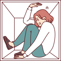 Woman suffering from claustrophobia sits in cramped box and feels pressure of walls, as metaphor for cramped housing. Girl experiences problems due to claustrophobia and fear of closed spaces. png