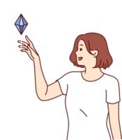 Woman sees diamond floating in air and wants to touch precious stone, symbolizing success and prosperity. Girl reaches out hand to sparkling diamond and dreams of making ring or necklace out of it. png