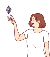 Woman sees diamond floating in air and wants to touch precious stone, symbolizing success and prosperity. Girl reaches out hand to sparkling diamond and dreams of making ring or necklace out of it. png