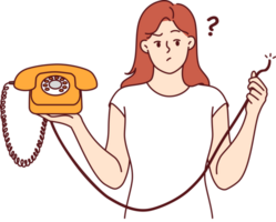 Embarrassed woman is holding retro telephone with torn wire, and is wondering how to restore telephony to call friends. Girl was left without communication due to broken telephone and needs repairman png