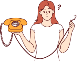 envergonhado mulher é segurando retro Telefone com rasgado arame, e é perguntando quão para restaurar telefonia para ligar amigos. menina estava esquerda sem comunicação vencimento para quebrado Telefone e necessidades reparador png