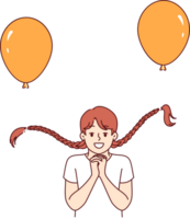 Funny little girl with balloons tied to braids folds palms, making request or showing hope. Cheerful female child experiencing happiness and serenity enjoying playing with balloons png