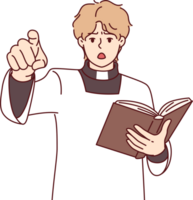 katolik präst med bibel läser predikan och poäng finger på skärm, talande handla om faror av synder. präst i vit morgonrock öppnas mun i chock, kallelse till observera instruktioner av gammal testamente png