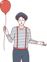 Man mime with balloon invites you to comedy theater performance with paraders and clowns png