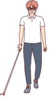 Young blind man walks through city wearing sunglasses and using cane to find way. png