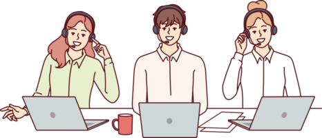 Call center employees with headsets for telephone sales sit at table with laptops and advise potential buyers. Call center with business people talking to clients via IP telephony. png