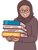 arab liten flicka i hijab innehar religiös böcker med böner i händer och utseende på skärm med leende. arab barn studerar i religiös skola och läsning läroböcker till lära sig Mer handla om islamic religion png