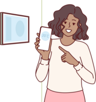 kvinna innehar telefon med termometer stående nära kontrollera panel för smart Hem, och skryter av har iot systemet. flicka samtal till integrera smart Hem teknologi för temperatur förvaltning via smartphone png