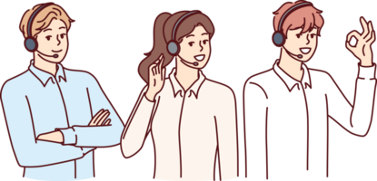 Call center or customer support employees use headset with microphone to make telephone sales. Two men and woman work in call center answering questions from clients asking for help. png