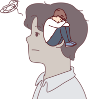 Man experiences stress due to childhood traumas and needs psychological help because of crying child located in head. Guy feels psychological discomfort and prerequisites for depression png