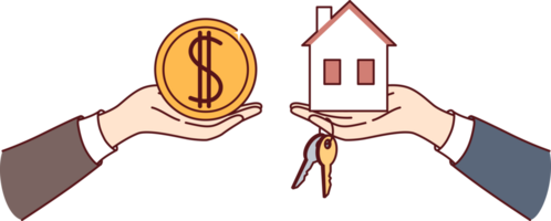 Real estate transaction when buying or renting house, with hands holding money and miniature cottage with keys. Realtor or broker sells apartment to buyer wants to invest in own real estate png