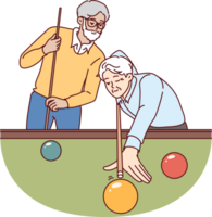 ouderen mannen Speel biljart, genieten van favoriete hobby dat staat toe hen naar kom tot rust en besteden tijd met vrienden na pensioen. mannetje gepensioneerden staan in de buurt biljart tafel, concurrerende in Amerikaans zwembad png