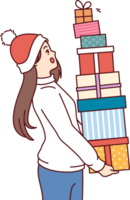 Woman with bunch of christmas gifts in hands is in shock and is afraid to drop boxes png