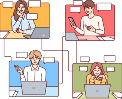 Business people communicate through internet messengers and task manager applications to achieve effective remote work. Men and women with laptops use task manager software for corporate interactions png