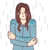 Woman stands shivering in rain without outer clothing and risks getting sick and catching cold due to sudden onset of autumn. Girl was caught in rain and quickly got wet because of lack of umbrella png