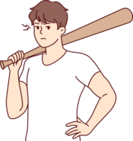 Hooligan guy with baseball bat in hand stands with hand on belt and threatens to beat up passerby. Male hooligan or gangster uses stick to intimidate people and extort or rob store png