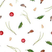 Seamless pattern with hand drawn pine needles, berries, leaves, seeds. Watercolor illustration isolated on transparent background. Forest background for textile, fabric, wallpaper, wrapping paper png