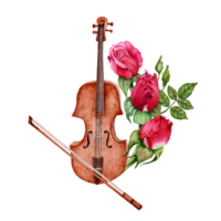 Violin with Bow decorated with Red Roses. Classical Music composition. Watercolor illustration isolated on transparent background. Stylish design element for cards, certificates, flyers, invitations png