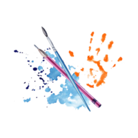 Art composition with paint brush, hand print, pencil, blue paint splashes. Watercolor Illustration isolated on transparent background. Hand painted design for logos, certificates, art classes flyers. png