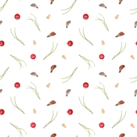 Seamless pattern with hand drawn pine needles, berries, nuts, seeds. Watercolor illustration isolated on transparent background. Forest background for textile, fabric, wallpaper, wrapping paper png