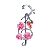 triplo e basso chiave decorato con rosa Rose composizione. classico musica design elemento. acquerello illustrazione isolato su bianca sfondo. per saluto carte, certificati, volantini, loghi png