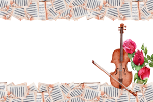 clássico música cumprimento cartão Projeto. violino com arco e Folha música Páginas decorado com vermelho rosas. aguarela ilustração isolado em transparente fundo. para cartões, certificados, folhetos png