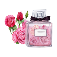 Stylish glass bottle of perfume decorated with flowers perfect for Valentine's day or Mother's day designs. Hand drawn watercolor illustration isolated on transparent background. Red and pink roses. png