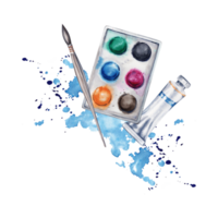 Flat lay composition with paint set, brushes, paint tube and blue watercolor splatter. Watercolor illustration isolated on transparent background. Design for art classes, stores, flyers, lessons png