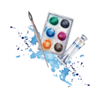 eben legen Komposition mit Farbe Satz, Bürsten, Farbe Tube und Blau Aquarell Spritzer. Aquarell Illustration isoliert auf transparent Hintergrund. Design zum Kunst Klassen, Shops, Flyer, Lektionen png