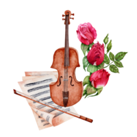 violín con arco y sábana música decorado con rojo rosas. clásico música composición. acuarela ilustración aislado en transparente antecedentes. diseño para tarjetas, certificados, volantes, invitaciones png