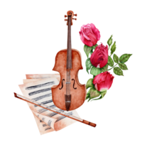 violon avec arc et feuille la musique décoré avec rouge des roses. classique la musique composition. aquarelle illustration isolé sur transparent Contexte. conception pour cartes, certificats, dépliants, invitations png