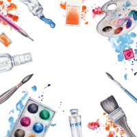 Flat lay with paint pallette, brushes, pencil, color splashes, ink, paints and water spray. Watercolor illustration isolated on transparent background. Border design for art classes, stores, flyers png