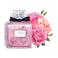 Stylish glass bottle of perfume decorated with flowers perfect for Valentine's day or Mother's day designs. Hand drawn watercolor illustration isolated on transparent background. Red and pink roses. png