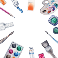 Flat lay with paint pallette, brushes, pencil, color splashes, ink, paints and water spray. Watercolor illustration isolated on transparent background. Border design for art classes, stores, flyers png