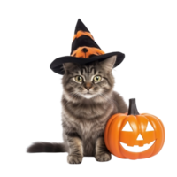 AI generated a cat wearing a witch hat and holding a pumpkin png