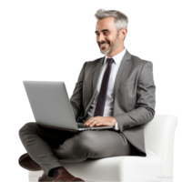 AI generated businessman sitting at table with laptop and coffee png