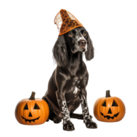 ai generado un perro vistiendo un bruja sombrero y calabaza en un transparente antecedentes png