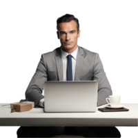 AI generated businessman sitting at table with laptop and coffee png