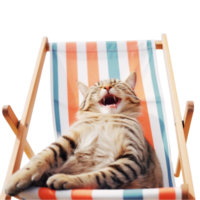 ai generado gato en un playa silla con sus boca abierto png