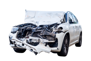 Full body front and side view of white car get damaged by accident on the road. damaged cars after collision. Isolated on transparent background, car crash broken, PNG File